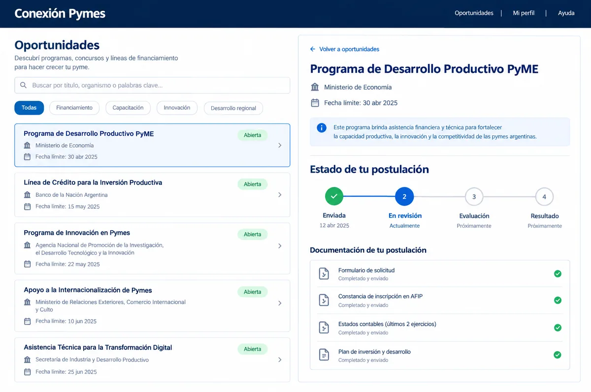 Portal Conexión Pymes: listado de oportunidades y estado de una postulación.